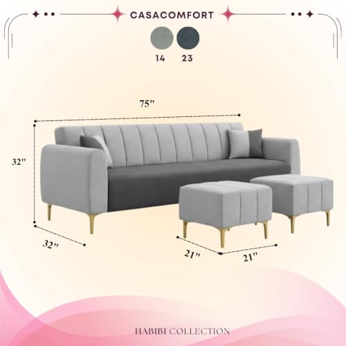 Image of Habibi 5 Seater L Shape Sofa Set with 2 Movable Ottomans | Flexible Layout | Rich Velvet Suede Fabric | Silver Legs | Modern Sofa for Living Room (Cream) (Dark Grey-Light Grey, Habibi)