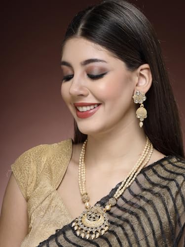 Image of Adiva Stylish Traditional Gold-Plated Kundan Stone Studded & Pearls Handcrafted Necklace with Earrings Jewellery Set for Women & Girls