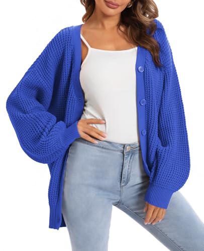 Image of QUALFORT Women's Oversized 100% Cotton Cardigan Sweater | Long Sleeve V Neck Button Down Open Front Knit Outerwear