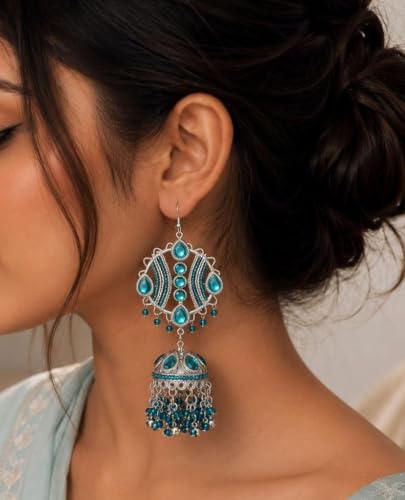 Image of Fuschianet Accessories New Improved Maula Mere Maula Husna Blue Silver Alloy Oxidized Paisley Large Jhumka Earrings for Women and Girls