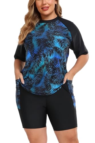 Halcurt Womens Plus Size Rash Guard with Bra Two Piece Swimsuit Set Long Shorts Bathing Suit Black Green Palm 3X