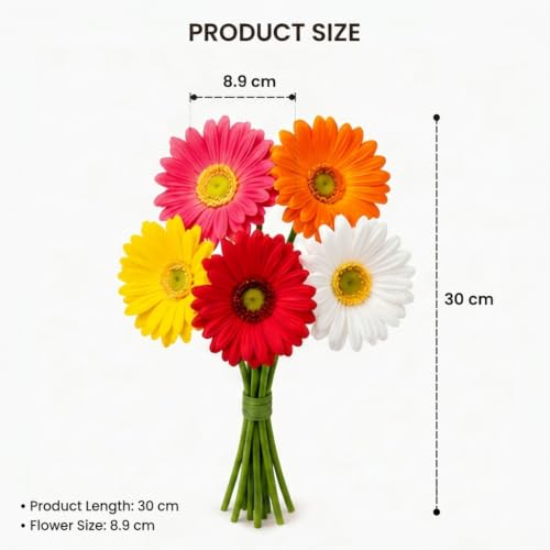 Image of CURATED CART Artificial Gerbera Daisy Flowers - Pack of 5 Faux Blooms, 30 cm | Real Touch PU Petals with Bendable Green Stems | Mixed Colours Flower Bouquet for Home, Kitchen, Office Decor (No Vase)