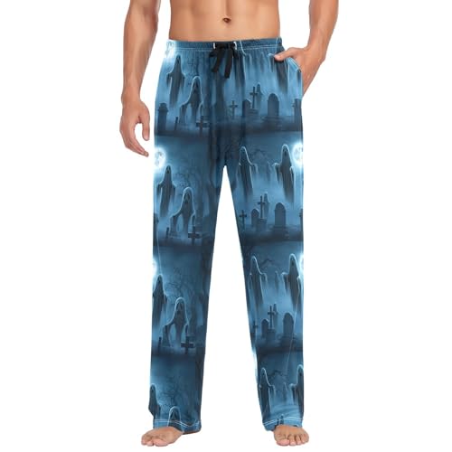 Spirits Graveyard Men's Cotton Pajama Pants with Pockets and Drawstring Comfortable and Stylish,S