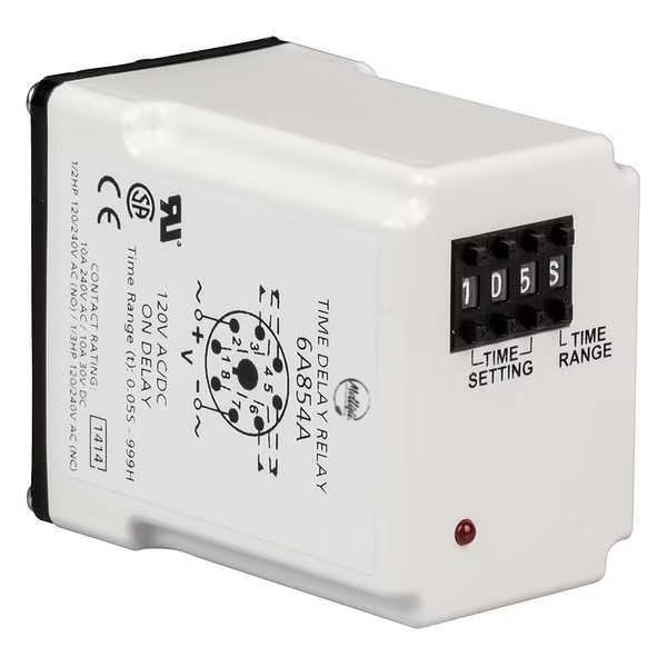 Time Delay Relay, 120VAC/DC, 10A, DPDT, LED, Mfr: 6A854-A