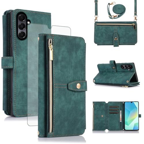 Custodia per Samsung Galaxy A26 5G con nastro pellicola protettiva per carte di credito pieghevole pelle supporto A 26 26 A LTE chiusura lampo colore: verde