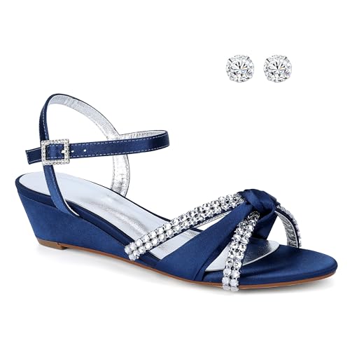 Women's Satin Wedge Sandals Rhinestone Bowknot Wedding Party Shoes with Crystal Ear stud