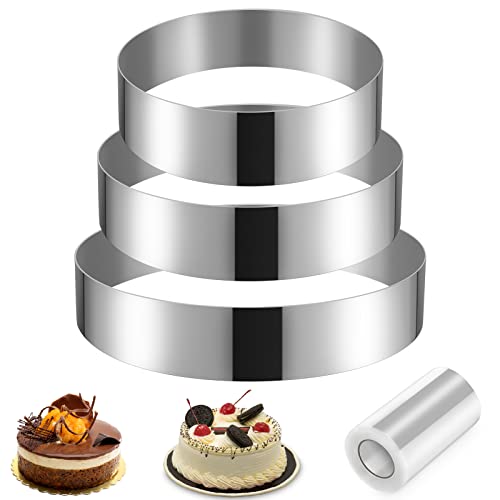 3 pcs Cercle a Patisserie 10 15 20cm, Cadre Pâtissier Rond Inox Argent avec Collier à Gâteau, Moule Cercle à Gateau Cookie Cutter Cadre Moule Entremet...