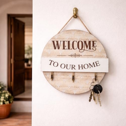 Image of CraftVatika Wooden Wall Key Holder with 3 Hooks, Round Decorative Key Rack Organizer for Wall, Entryway Holder for Home Entrance, Wall Mounted Stand for Home Decor, Housewarming Gift Item