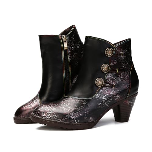 Superladystar's Handmade Floral Stitching Women's Ankle Boots, Cowhide Leather, Hand-embossed, Retro Style2