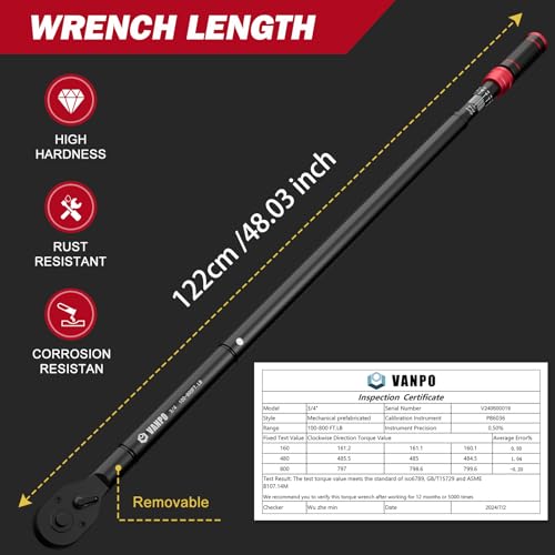 Image of VANPO 3 /4-inch Drive Click Torque Wrench, 100-800Ft-Lb, for Car, Truck | 135.5-1084Nm,48.03'' Length, Dual-Direction,48-Tooth, Heavy Duty Torque Wrench Set with a Hex Key for Tractor