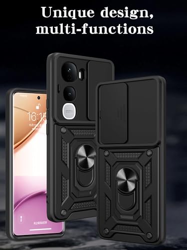 Image of SPAZY CASE Vivo Y400 Pro Back Cover | Heavy Duty Hybrid Case with 360 Degree Rotating Finger Ring Holder + Slider Shutter Camera Protection Case for Vivo Y400 Pro - Black