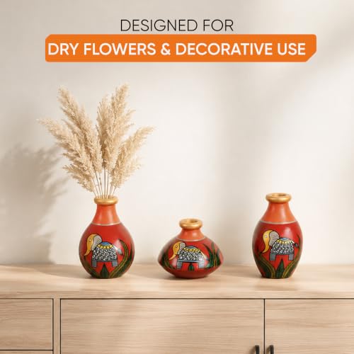 Image of Aakriti Art Creations Joyful Elephants Terracotta Vase Set of 3 (Red) | Hand-Painted Madhubani Art Flower Vases | Matte Finish Decorative Vases for Living Room, Table Decor & Gifting