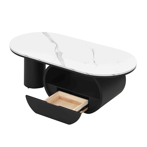 Image of Faux Marble Nesting Coffee Table Set of 2 | Coffee Table Set with End Table,Oval Living Room Table with Gold Metal Base,Marble Grain Top & 1 Drawer,Stack Tea Table Set