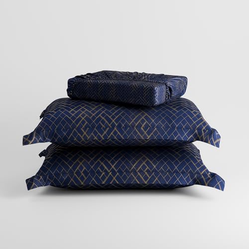 Image of Stoa Paris 300TC UltraSatin King Fitted Bedsheet Set with 2 Pillow Covers, Gentle on Skin & Hair, Wrinkle & Fade Resistant, Home Decor, Gift for Couple, Starlit Night - Navy (183cm x 198cm + 30cm)
