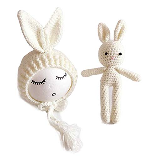 Pinbo Newborn Baby Photography Prop Corchet Bunny Hat Beanie with Bunny Dolls Accessories (Off-White)