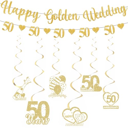 Golden Wedding Anniversary Decorations  With Banner and 6 Pieces Hanging Swirls 50Th Wedding Anniversary Decorations Golden Weddings Decoration for Couple Parent Celebration