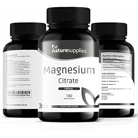 Magnesium Citrate Capsules 1480mg, 180 Per Bottle 3 Months Supply UK-Made, High Absorption Magnesium Supplements, Contributes To The Normal Function Of Bones, Teeth, Energy - Naturesupplies Cover