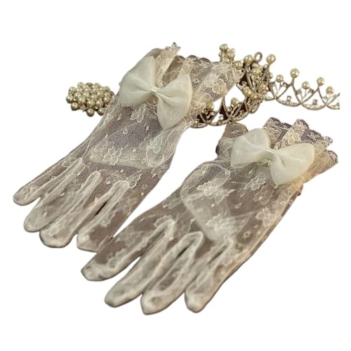 Guantes de boda con encaje vintage y lazo de perlas para sesiones de fotos de novia