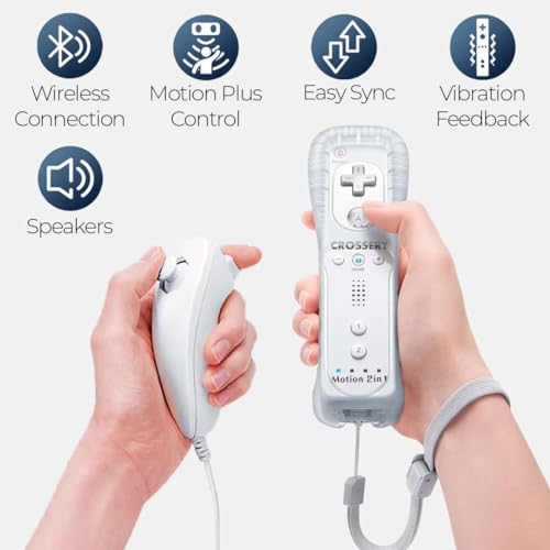 Image of Crossery Wii Remote and Nunchuck Controller Bundle with Charging Dock - 2 Pack Motion Plus Remotes, 2 Nunchucks, 1 Charging Station, Compatible with Nintendo Wii & Wii U - White