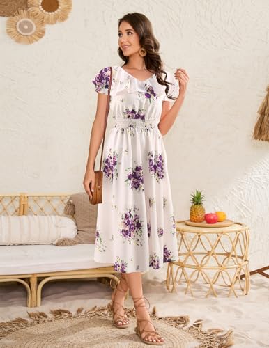 Image of Bridesmay Womens Summer Floral Midi Dresses Ruffle Sleeve Beach Wedding Guest Dress V Neck Swing Flowy Dresses