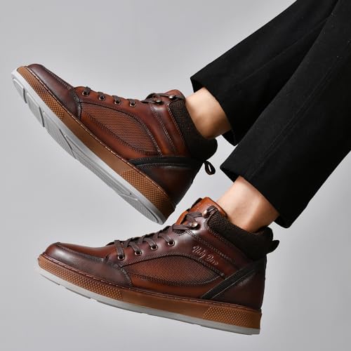 Image of Men's Brown Leather Sneaker Boots Casual Oxford Boot Comfy Shoes for Men Mid-Top Lace Up Fashion Shoe 9