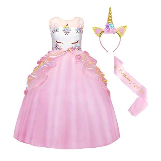 AmzBarley enhörning/sjöjungfru dräkt klänning barn flickor prinsessa klänningar födelsedag fest klä ut sig karneval cosplay aftonklänning kläder pannband, Rosa 286, 5-6 År