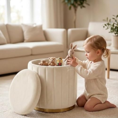 Image of Superior Round Storage Ottoman Stool 13 X 13X 16 inch, with Gold Metal Base | Elegant Pouffe with Secret Storage | Cushioned Footrest for Living Room, Bedroom, and Lounge Cream