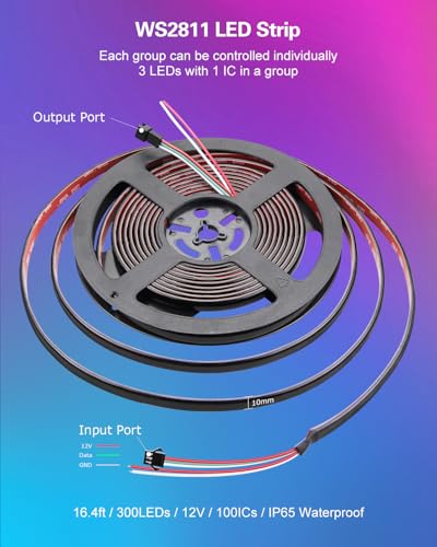 Image of ALITOVE 12V LED Light Strip WS2811 Addressable RGB IC LED Strip Light 300LEDs 16.4ft LED Lights for Bedroom Black Diffuser Upgraded Adhesive Back IP65 Waterproof (Without Power Supply & Controller)
