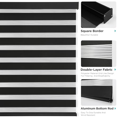 Joydeco Cordless Zebra Blinds for Windows, Dual Layer Light Control Window Blinds with Light-Proof Aluminum Cover, Free-Stop Roller Shades for Home & Office (Black,55" W x 75" H)