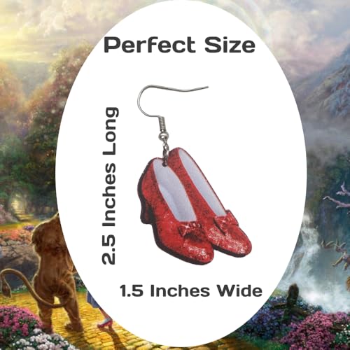 Cute Pair of Ruby Slipper Style Earrings for Women, Oz Costumes, and More. Wicked Cute Pair of Ruby Slippers Drop and Dangle Earrings with Glitter Outline for Women. Ruby Slipper Costume Accessories for Women.2