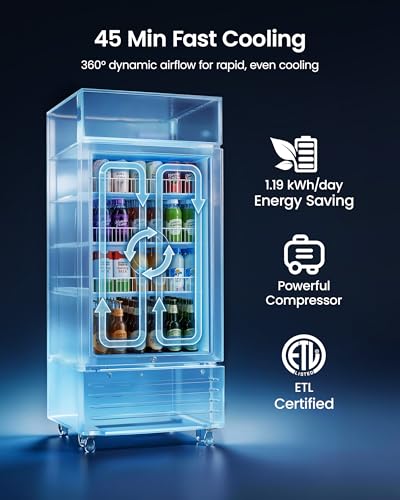 Image of 6 Cu.Ft Commercial Display Fridge with LED Lightbox & Glass Door | Glass Door Beverage Cooler, Adjustable Shelves, for Bar Cafe Shop, ETL Certified, Energy Efficient, with Lock & Casters