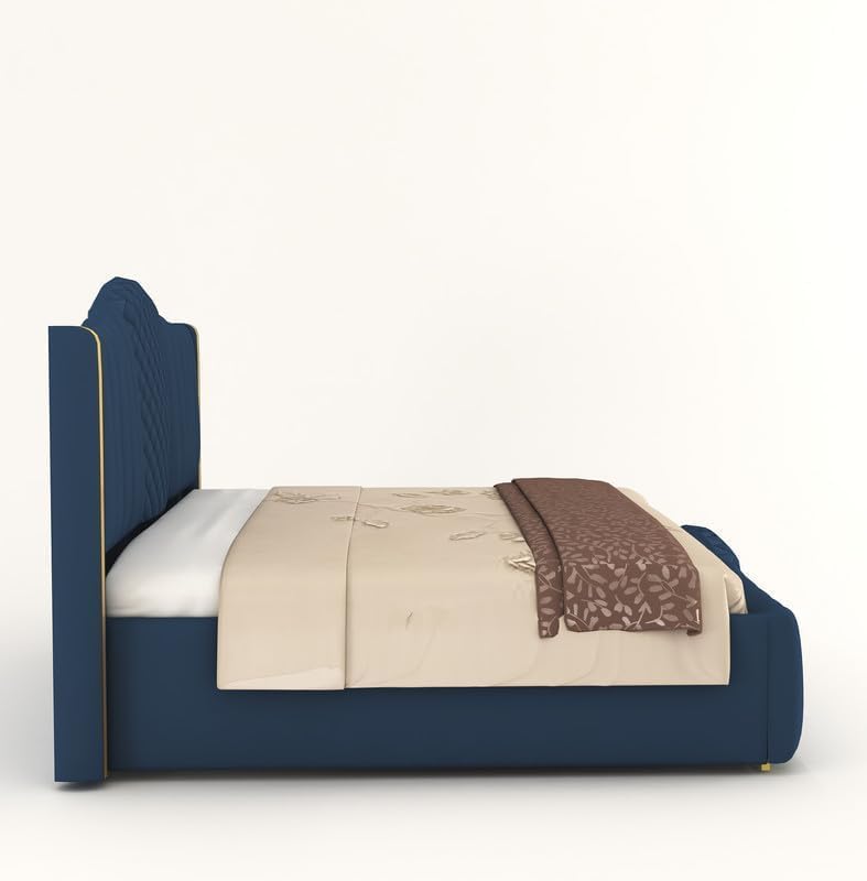 Image of Crafts Modern Upholstered King Size Bed with Box Storage for Bedroom | Wooden Double Bed with Storage, Platform Cot Bed with Upholstery Premium Fabric, 6.5 x 6 Ft, Sheesham Wood, Navy Blue