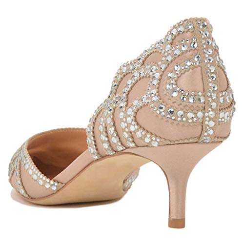 Image of XYD Women's Pumps, Elegant Pointed Toe, D'Orsay Kitten Low Heels, Rhinestone Studs, Slip-On Satin Shoes for Wedding