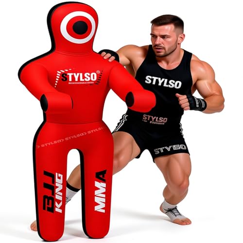 Unfilled Grappling Dummy Adult Life Size Wrestling & BJJ Training Dummy MMA Jiu Jitsu Judo Takedown & Throwing Practice Heavy-Duty Triple-Stitched Canvas Submission Dummy (Red 5ft / 60)