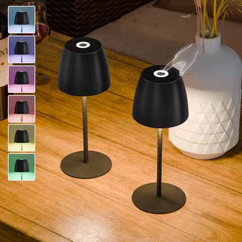 FUYO 2er Set LED Tischlampe Kabellos, Dimmbare Akku Tischleuchte Touch mit 8 Farben und 3 Helligkeitsstufen, Wasserdicht Kleine Tischlampe für Outdoor Restaurant Balkon Patio Terrasse (Schwarz)