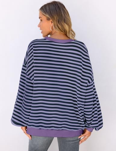 Image of UEU Women Oversized Striped Crewneck Sweatshirt Long Sleeve Color Block Pullover Tops Casual Loose Workout Shirt