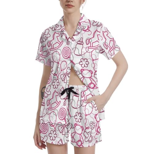 Image of Funny Pajamas for Women Set Print Satin Loungewear Pjs Short Sleeve Button Down Top and Shorts Sets Sleepwear XS-3XL