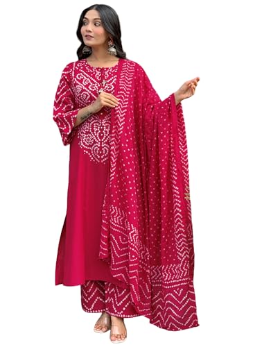 Image of GoSriKi Kurta Sets for Women Rayon Viscose Bandhani Printed | Kurti Set for Woman | Kurta Pant Dupatta Set | Straight Kurti | Round Neck 3 /4 Sleeve Suit Set for Women Stylish Ethnic Outfit