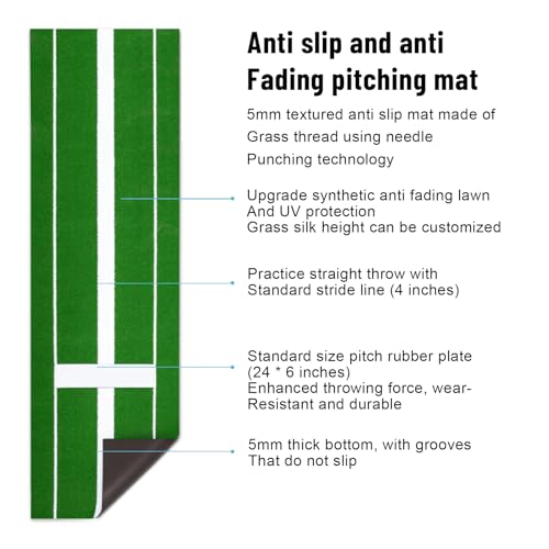 Softball Pitching Mat, 10 x 3 FT Baseball Training Mat with Rubber and Powerline Upgraded Anti-Slip Mat Softball Pitching Training Practice Aid with Carry Strap for Indoor Outdoor Green White