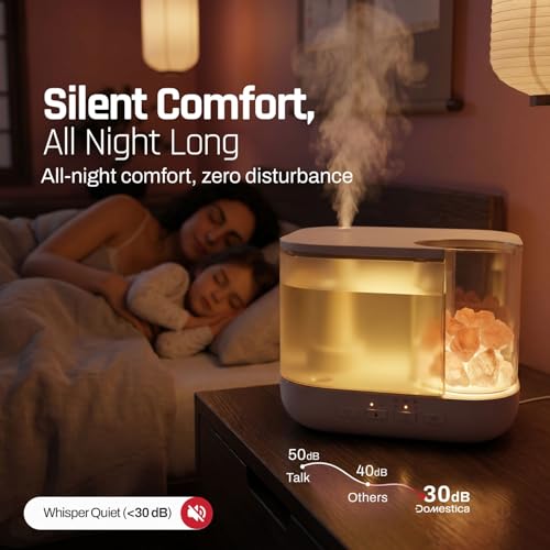 Image of Domestica Humidifier for Room Moisture | Ultrasonic Cool Mist with 2L Tank | Up to 17H Runtime | Aroma Diffuser with Natural Stone | Soft LED Light, 3-Level Mist Control | Easy Top-Fill | Ultra-Quiet