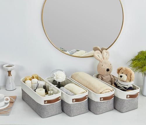 Image of DECOMOMO Narrow Storage Bins, Small Baskets for Organizing, Toilet Tank Basket for Toilet Paper, Vanities, Cabinets, Towels and Shelves| Basket for Gift with Handles (Grey and White - Set of 4)