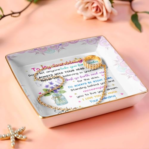 Personalized Birth Month Flower Ceramic Dish for Granddaughter | Custom Ring Trinket Tray with Flowers and Stars Design | Heartfelt Gift from Grandma - Image 4