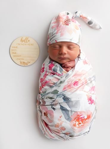 Image of Newborn Baby Girl Receiving Blanket Swaddle Blanket Stretchy Knit Swaddle Set with Matching Headband Beanie with a Name Card (Pink Floral Ink Leaf)
