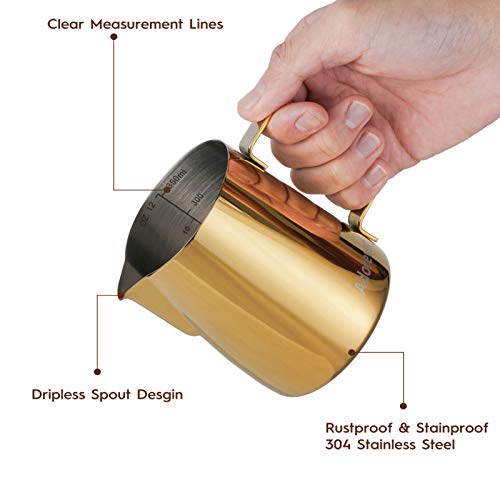 Image of Milk Frothing Pitcher, 350ml (12oz) Steaming Pitchers Stainless Steel Milk Coffee Cappuccino Latte Art Barista Steam Pitchers Milk Jug Cup with Decorating Art Pen, Gold