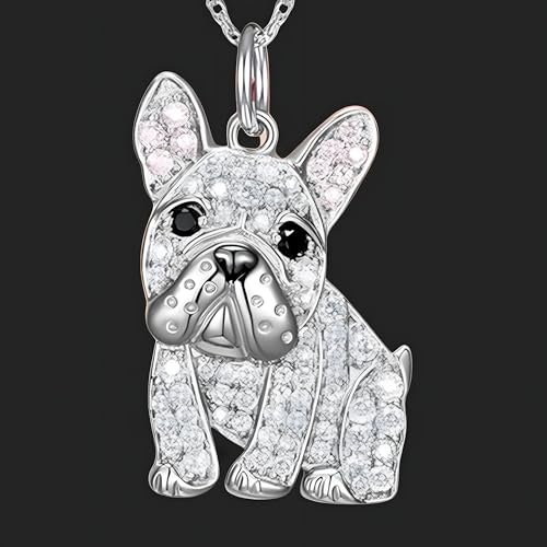Collier pendentif bouledogue argenté et strass éclatants de qualité B251
