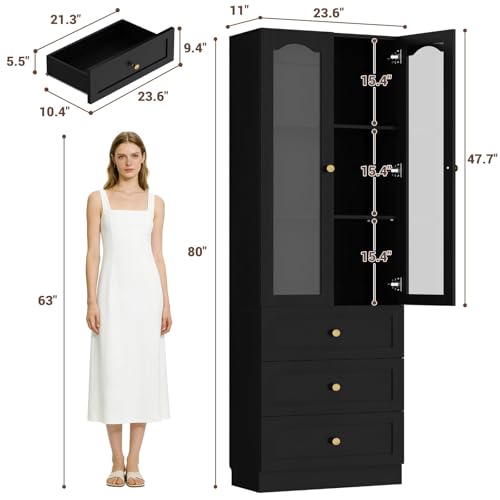 Image of Cyclysio 80 inch Tall Pantry Cabinet for Kitchen Storage, 2 Set Black Pantry Cabinet with Glass Doors & 3 Drawers - Freestanding Storage Bookcase with Built-in Baseboard Notch for Dining, Living Room