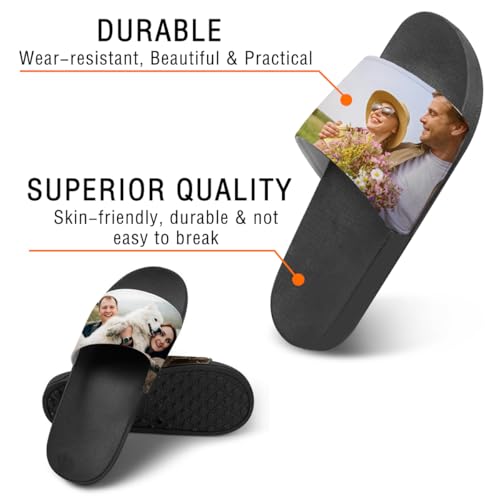 Custom Photo Slides Slippers, Personalized Text Flip Flops, Indoor Outdoor Comfort Sandals, Customize Open Toe Shoes Unisex Gifts for Women Men Couples Family, Non Slip Black Sole Shower Beach3
