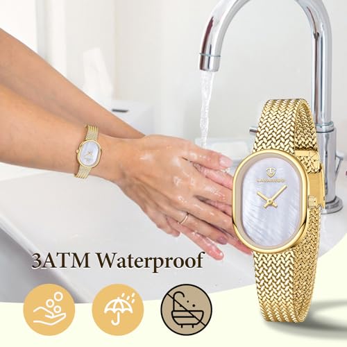 Elegant Gold Women's Watch with Mesh Bracelet, Mother of Pearl Oval Dial, Waterproof Quartz Timepiece - Image 4
