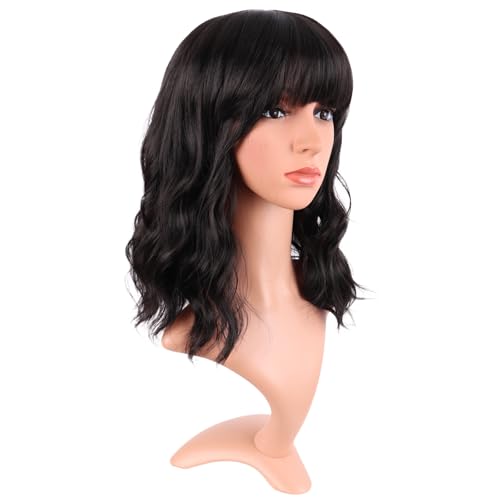 Image of MapofBeauty 14 Inch /35 cm Short Wavy Curly Women Fresh Bright Synthetic Ordinary Flat Bangs Bob Wig (Black)