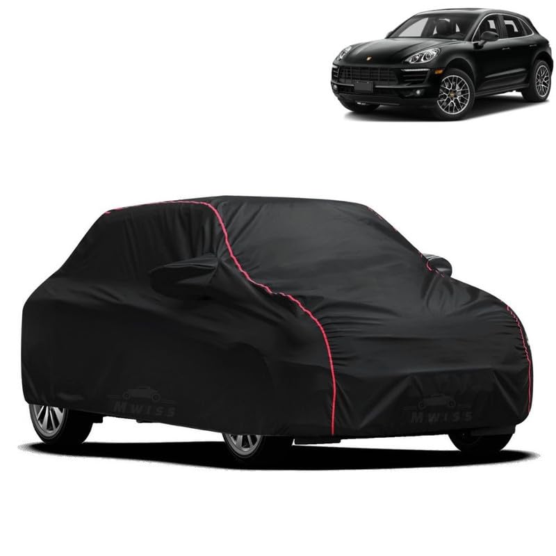 Image of Waterproof Car Cover for Porsche Maan | All-Weather Protection, Dustproof & UV Resistant | Triple Stitched Mirror Pockets, Windproof Buckle Strap with Elastic Hem, Black-Red Piping